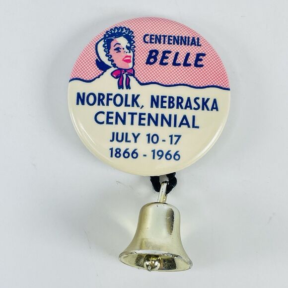 Jewelry - Vtg 1966 Norfolk Nebraska Centennial Belle Metal Bell Pinback Button Pin 1866-19